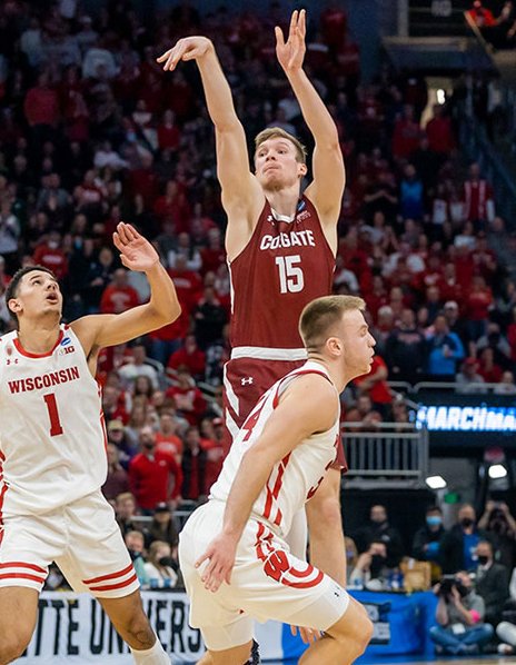 Tucker shooting for Colgate against Wisconsin in the NCAA Tournament